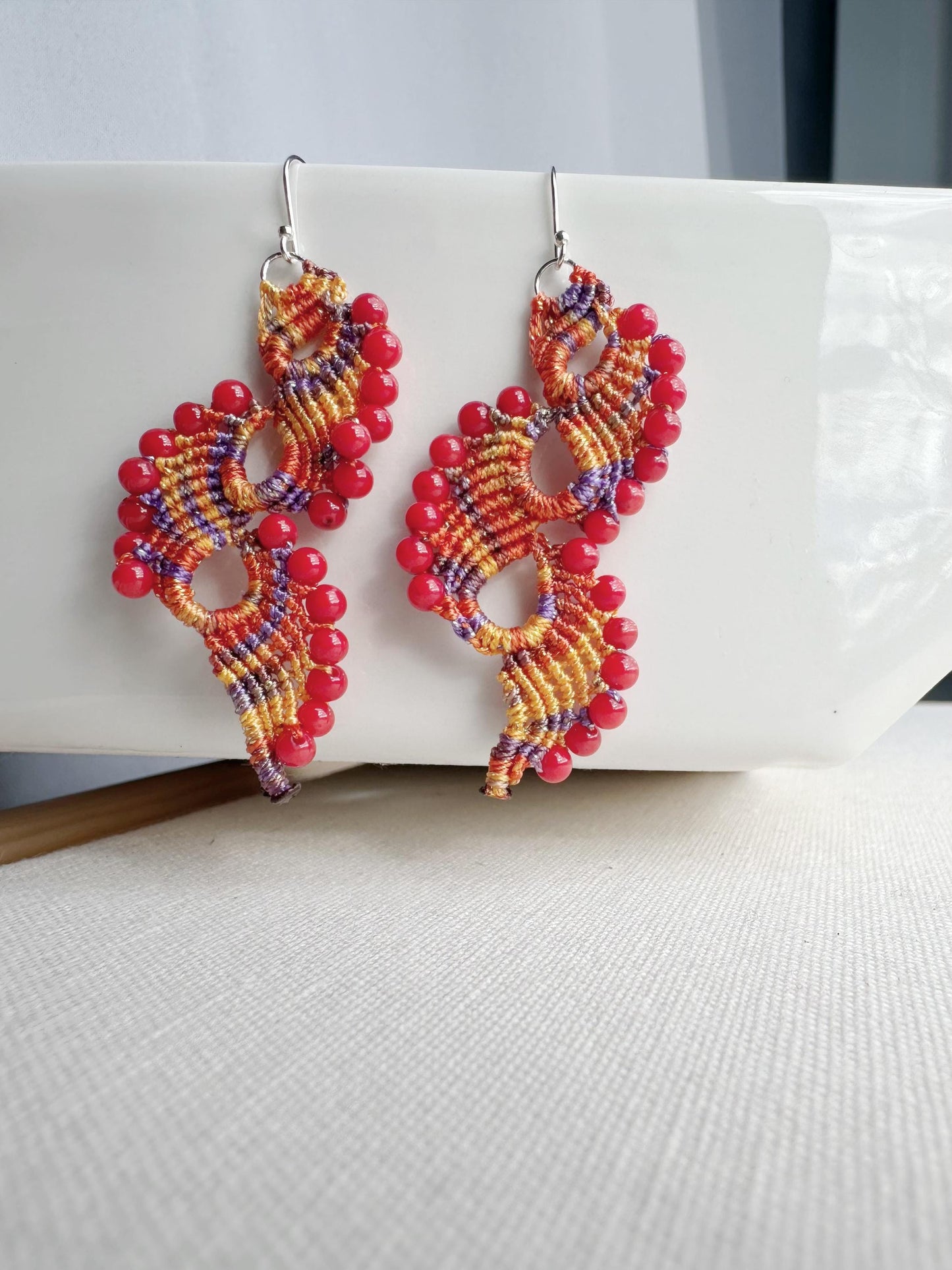 Handmade  Macrame Earrings peacock tail with coral beads and 925 sterling silver hooks