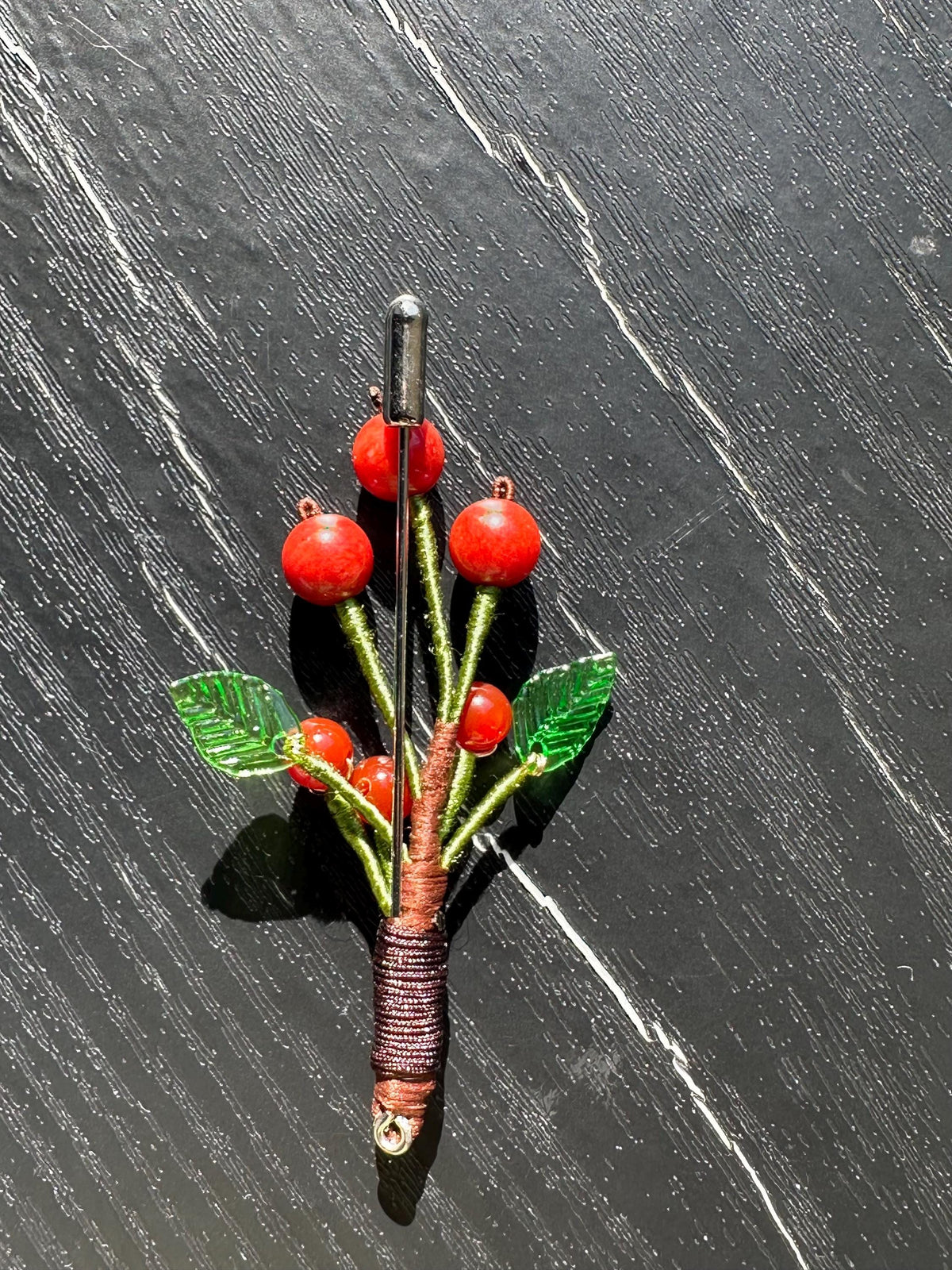 Handmade  brooch, gemstone coral with silk thread