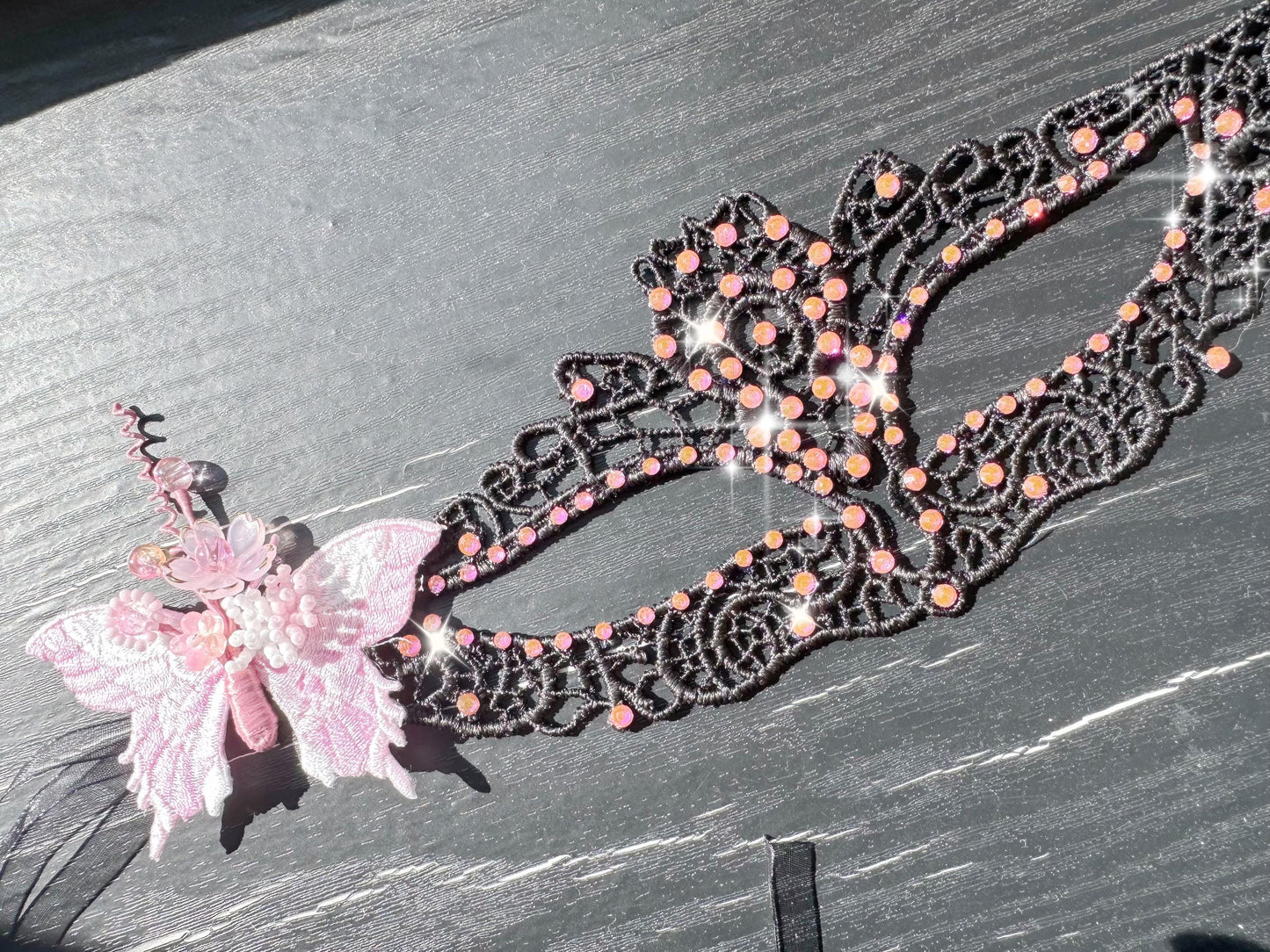 Black Lace Masquerade Mask, with Pink Color rhinestone and butterfly, handmade flowers Mask for Ball Party/Halloween