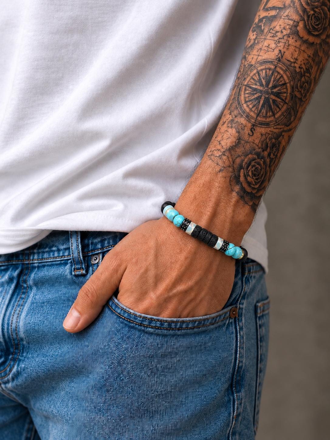 Gemstone Bracelet for HIM OR HER. Made it with 6mm turquoise, 2x6mm lava beads. With Adjustable Knotted Cord