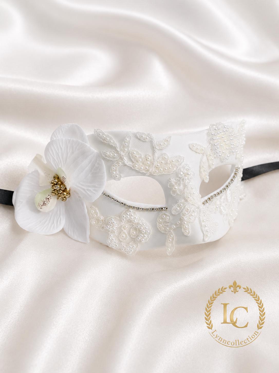 Lace Masquerade Mask: White Orchid Venetian Mask, Mardi Gras Ball (3.15"x7")