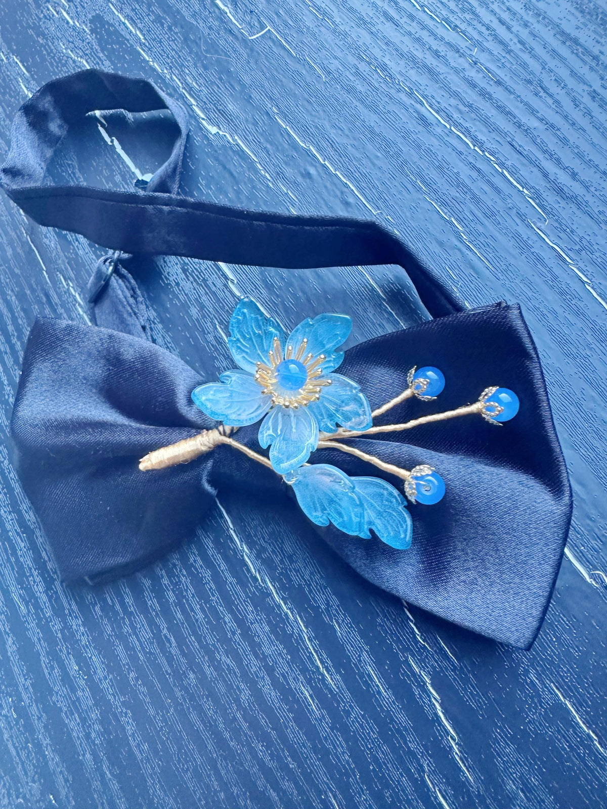 Handmade Bow Tie for women Men,Boys – Black Satin Bow Tie with blue flowers Blossom Branch – Asian Inspired Wedding Formal Accessory