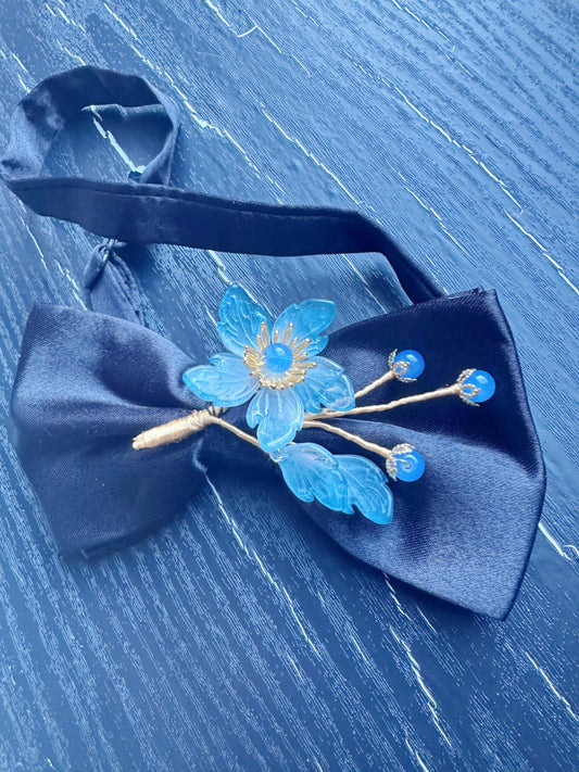 Handmade Bow Tie for women Men,Boys – Black Satin Bow Tie with blue flowers Blossom Branch – Asian Inspired Wedding Formal Accessory