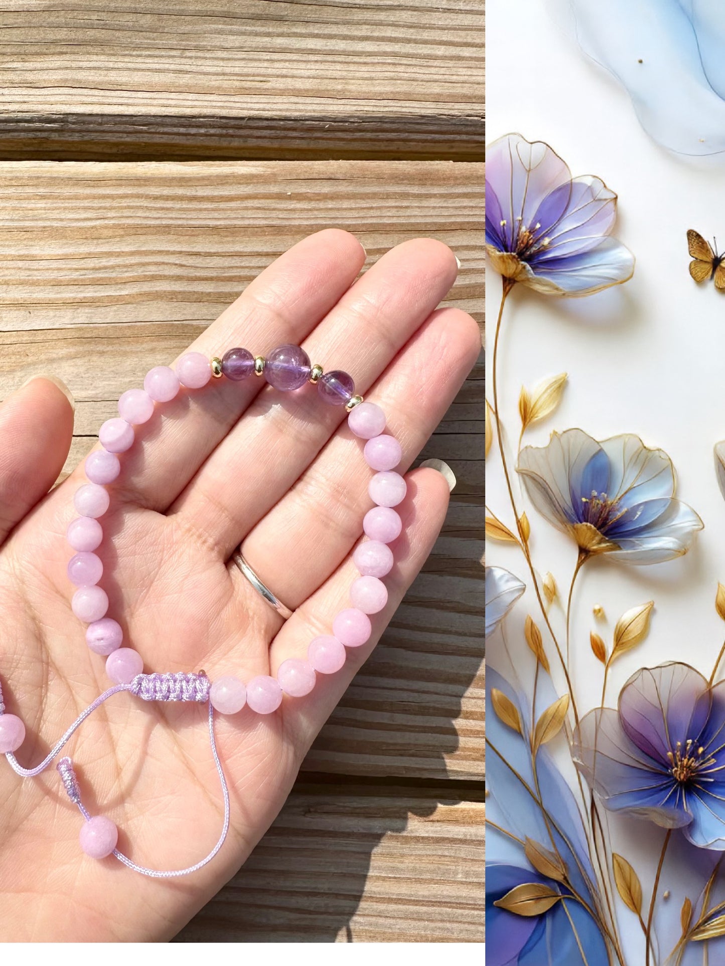 Natural Stone Beads 6mm Natural Kunzite with Amethyst with Elastic stretches for a secure, easy fit Handmade Bracelet, Women bracelet