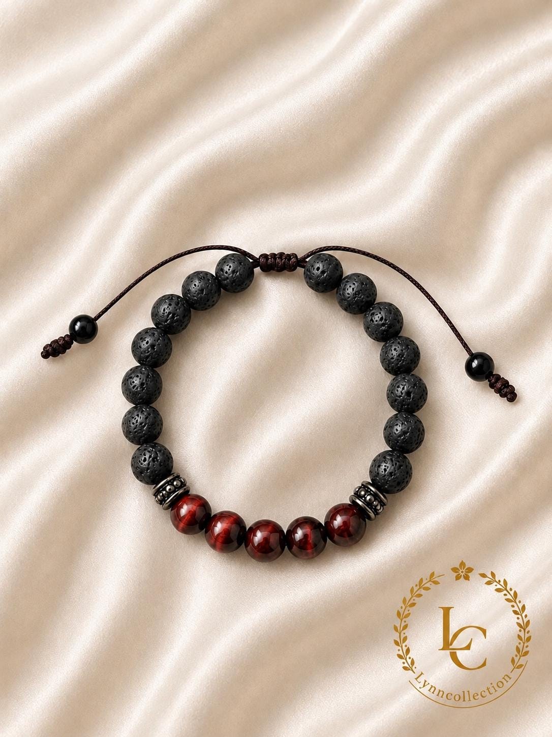 Gemstone Bracelet for HIM OR HER. Made it with Black Lava Stone,Red Tiger’s eye beads. Adjustable Knotted Cord, Elastic Stretch Cord