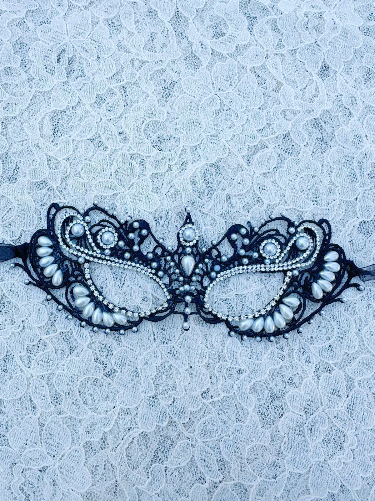 Black color Lace Masquerade Mask, Embroidered Party Mask with white Resin beads and rhinestone, party mask