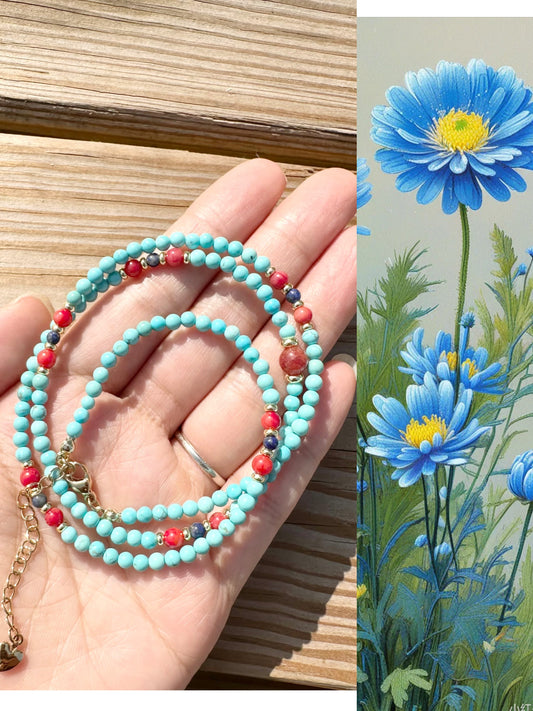 925 Sterling Silver gold plated with main stone 3mm Turquoisen Coral , 3mm Lapis Lazuli, made three row bracelet and 18inch length necklace ( two in one)