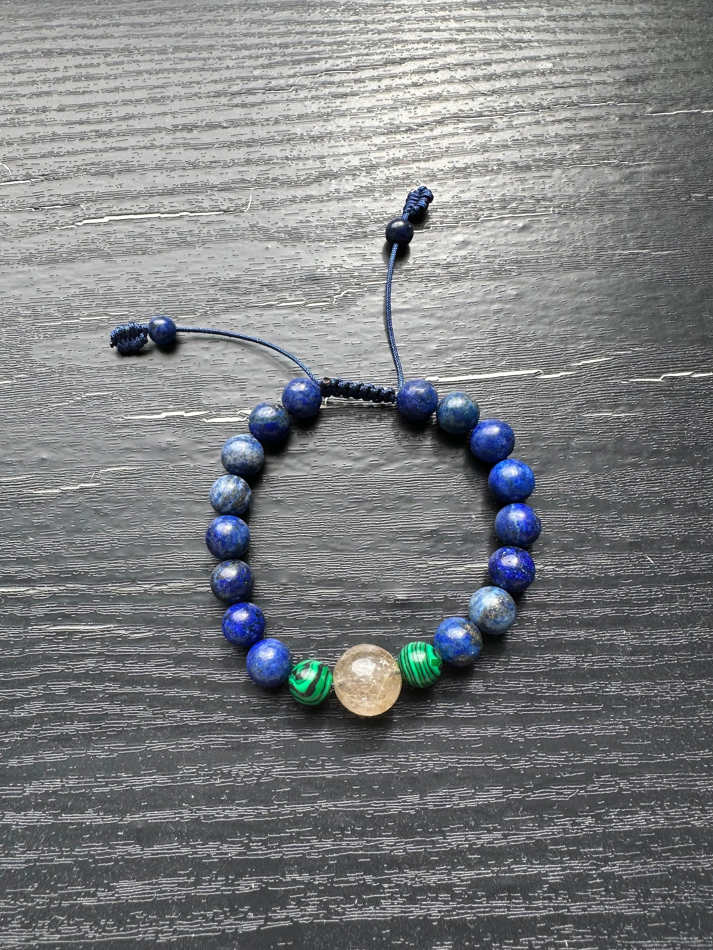 Bracelet For Men Natural Stone Beads 8mm Lapis Lazuli Stretch with two pieces Malachite, one piece 12mm Golden Rutilated Quartz in the middle Bracelets Adjustable Bracelet for Men