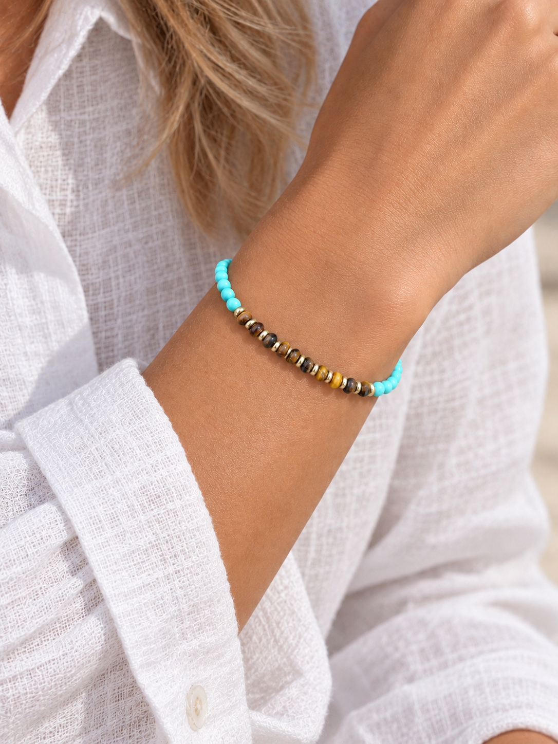 Handmade Bracelet for HIM OR HER. Made with 3mm turquoise, 2x3mm yellow tiger’s eye. 14K Gold Plated Spacer Beads, Adjustable knotted Cord