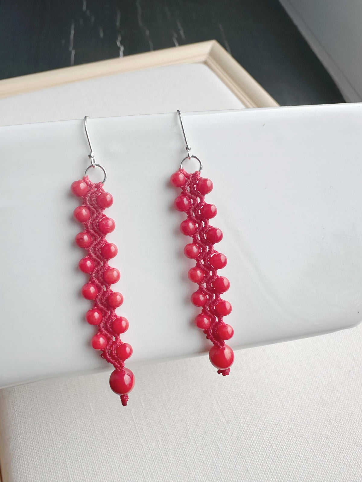 Red Coral Macrame Earrings, 925 Sterling Silver Hooks
