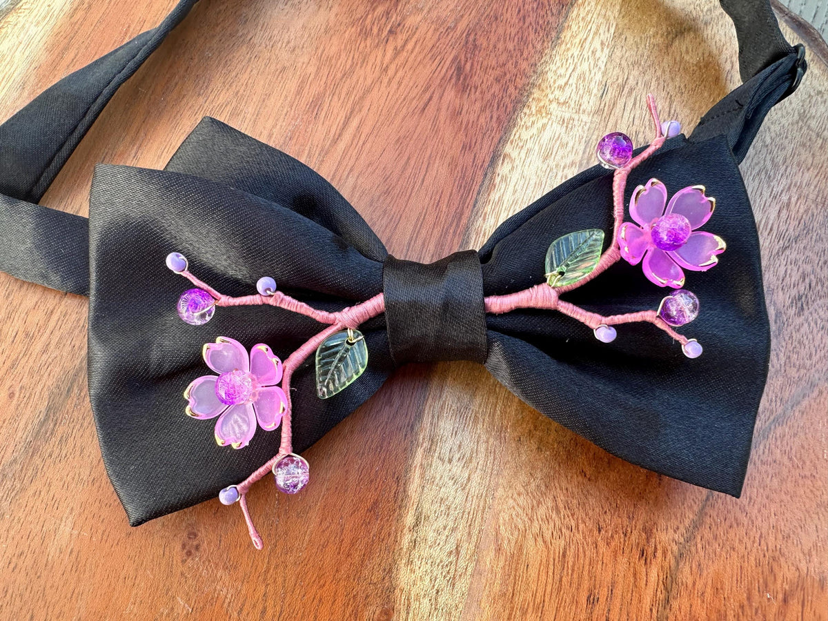 Handmade Bow Tie for women Men,Boys – Black Satin Bow Tie with Pink Cherry Blossom Branch – Asian Inspired Wedding Formal Accessory