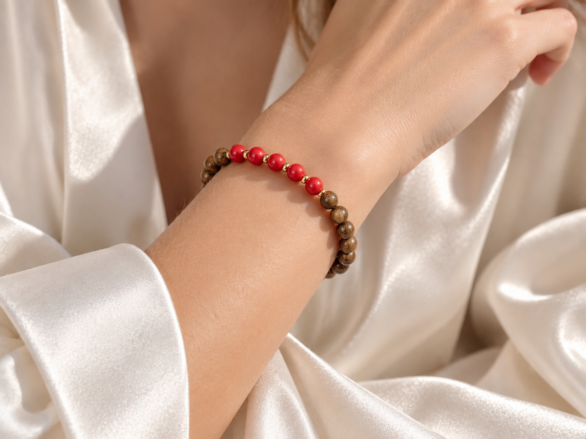 Bracelet for HIM AND HER, Made it with 6mm Sandalwoods and 6mm nurture Corals with Elastic stretch cord, with 14k gold plated space