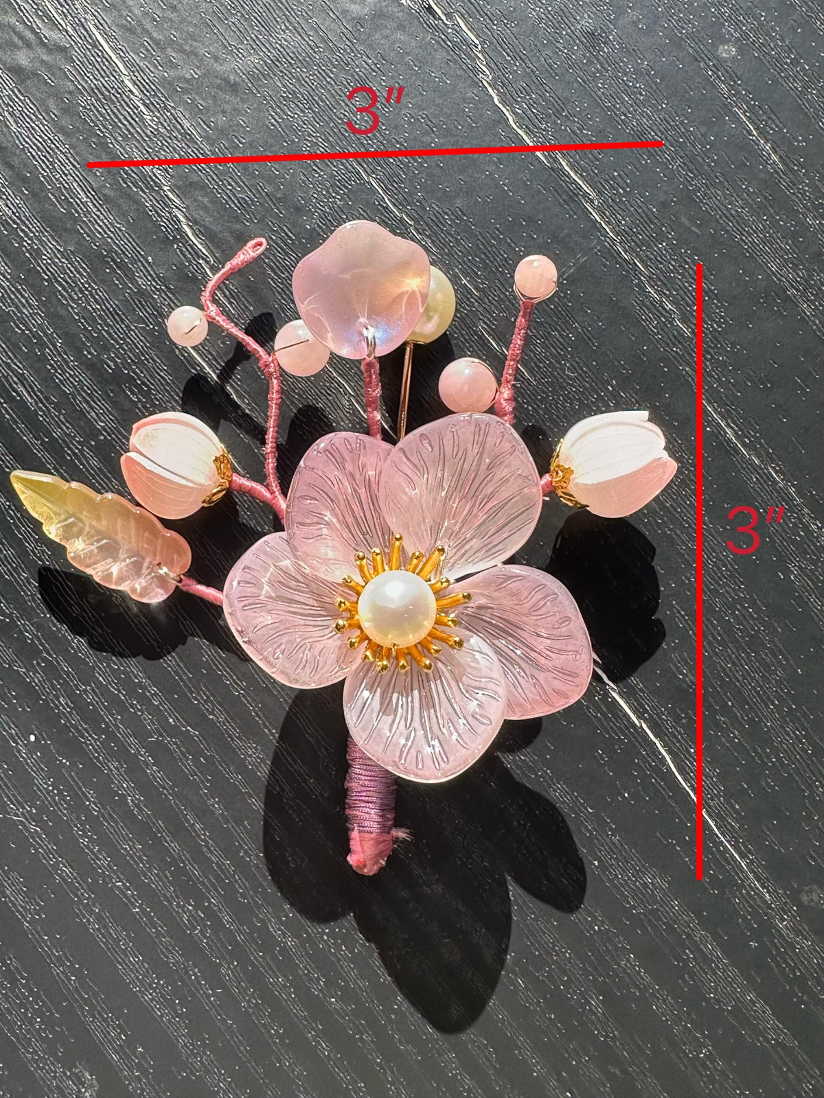 Handmade  brooch, pink color acrylic beads and gemstone beads with silk thread