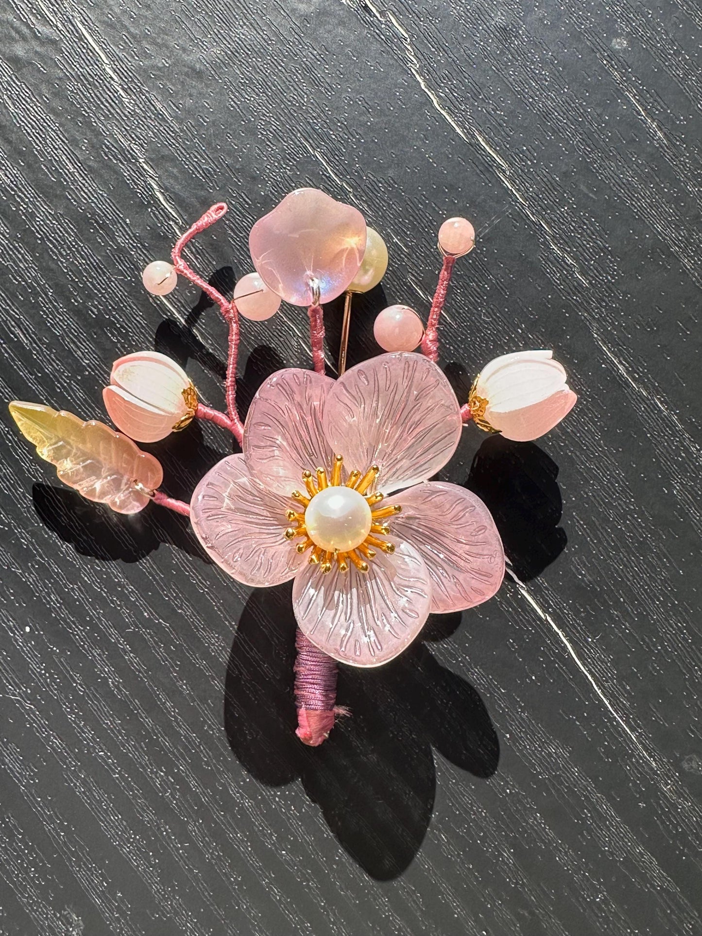 Handmade  brooch, pink color acrylic beads and gemstone beads with silk thread