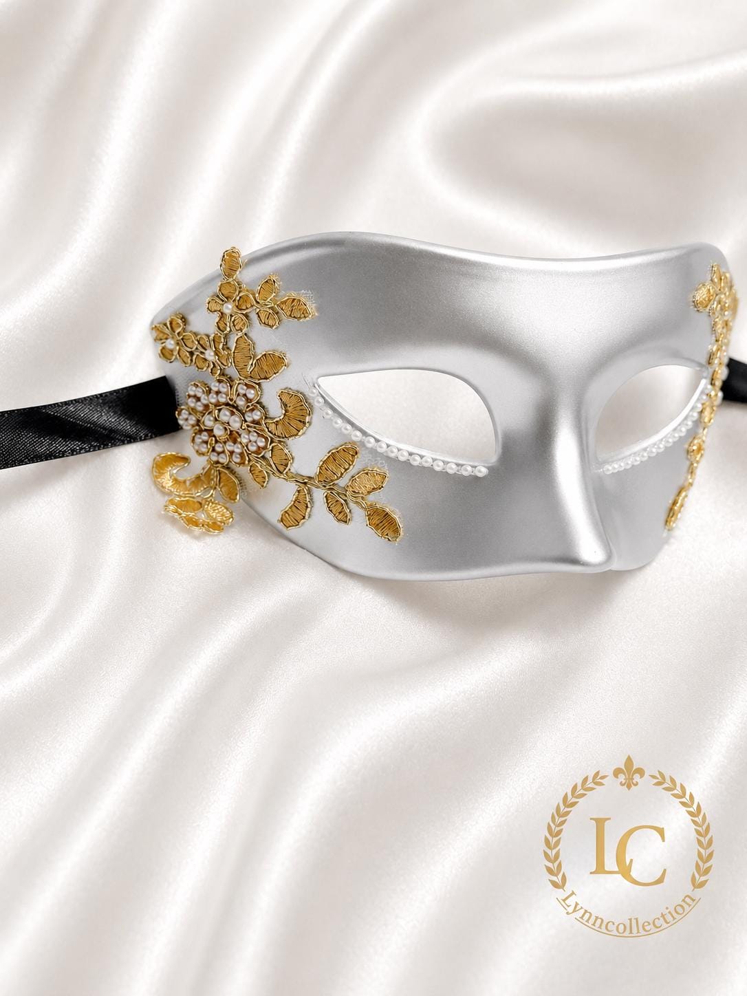 Gray Venetian Masquerade Mask: Gold Lace Mardi Gras Ball Mask