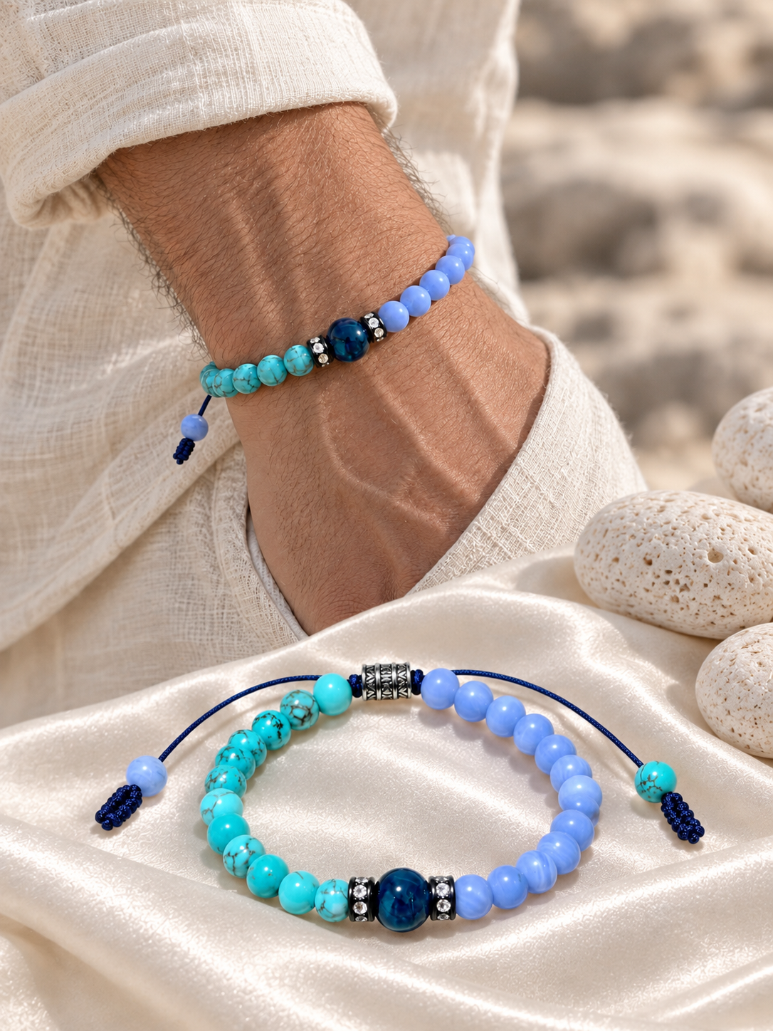 Handmade Bracelet for HIM OR HER. 6mm turquoise. 6mm blue lace agate, 8mm blue tiger’s eye. Zircon Rhinestone Beads Adjustable knotted cord