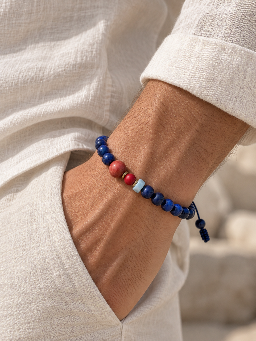 Handmade Bracelet for HIM OR HER. Made with lapis lazuli, 6mm red coral. 8mm red coral, 14K Gold Plated Spacer Beads, 3x6mm shoushan stone