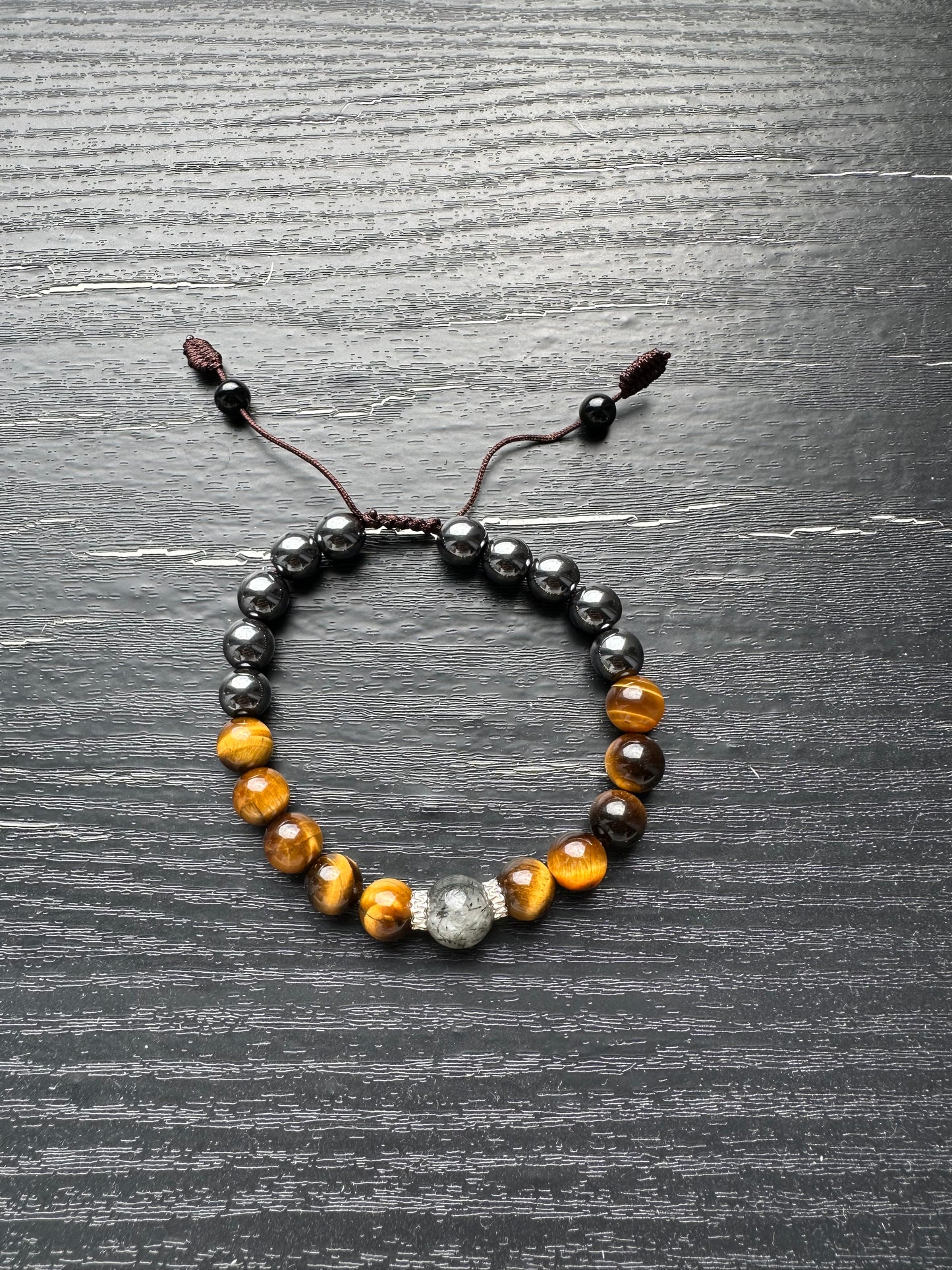 Bracelet For Men Natural Stone Beads 8mm Yellow Tiger Eye, hematite, one piece Black Rutilated Quartz in the middle with 925 Sterling Silver space bead Stretch Bracelets Adjustable Bracelet for Men