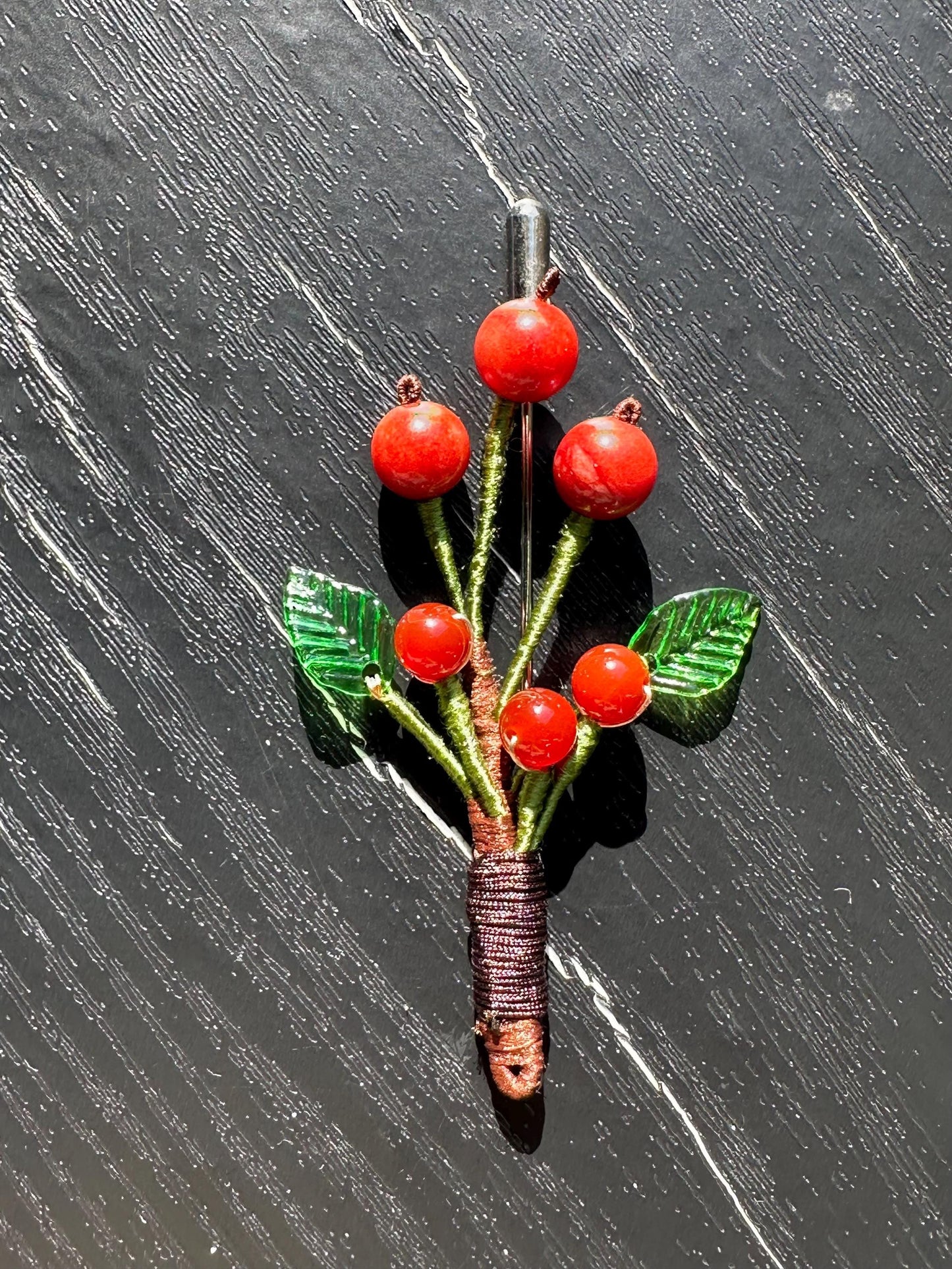 Handmade  brooch, gemstone coral with silk thread