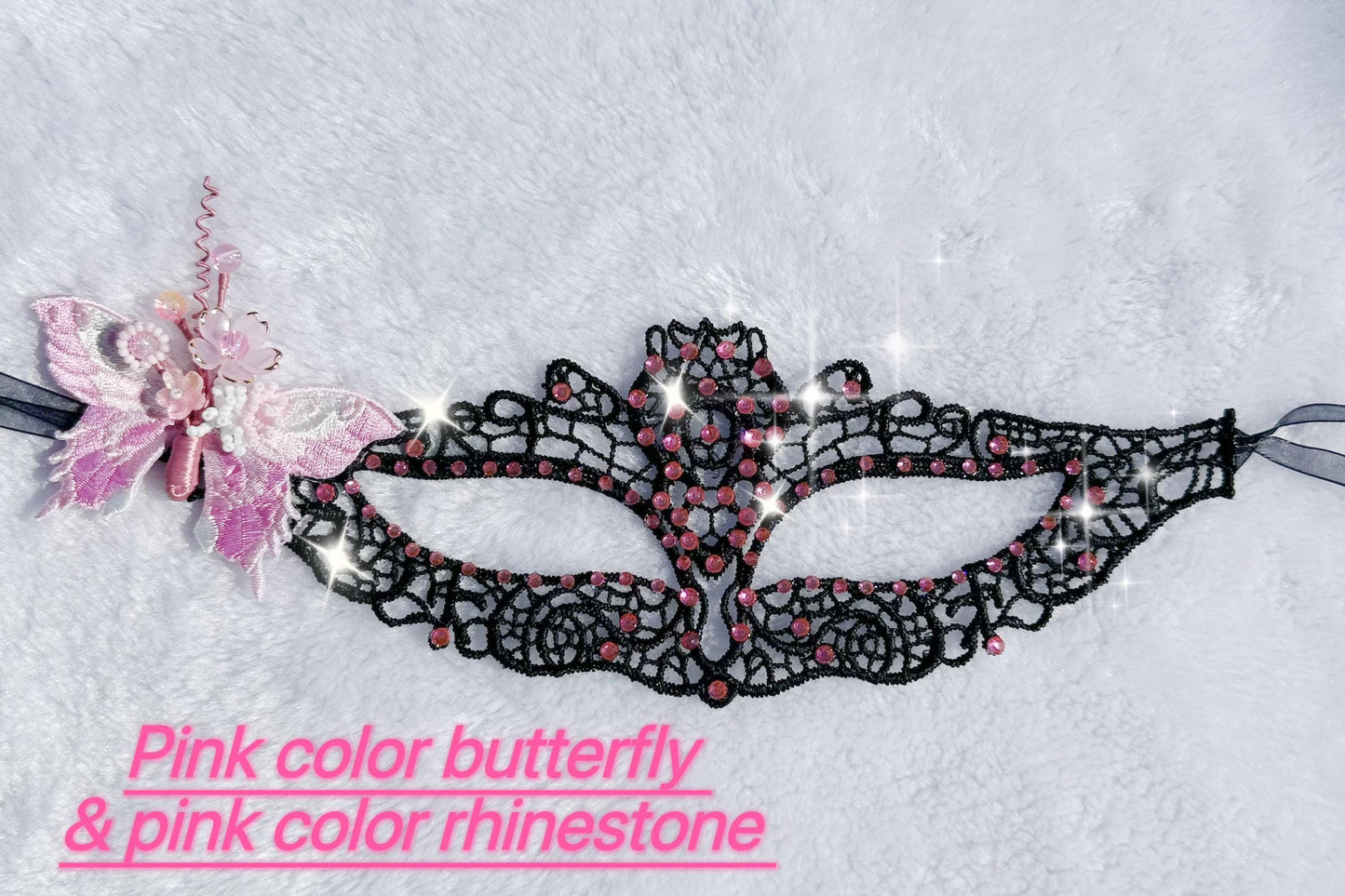 Black Lace Masquerade Mask, with Pink Color rhinestone and butterfly, handmade flowers Mask for Ball Party/Halloween