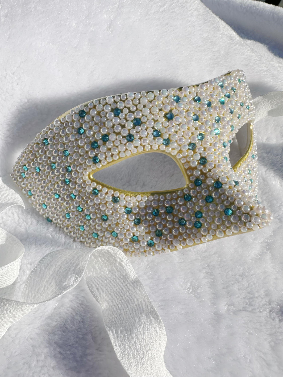White Masquerade Mask with blue butterfly Venetian Style Mardi Gras Ball