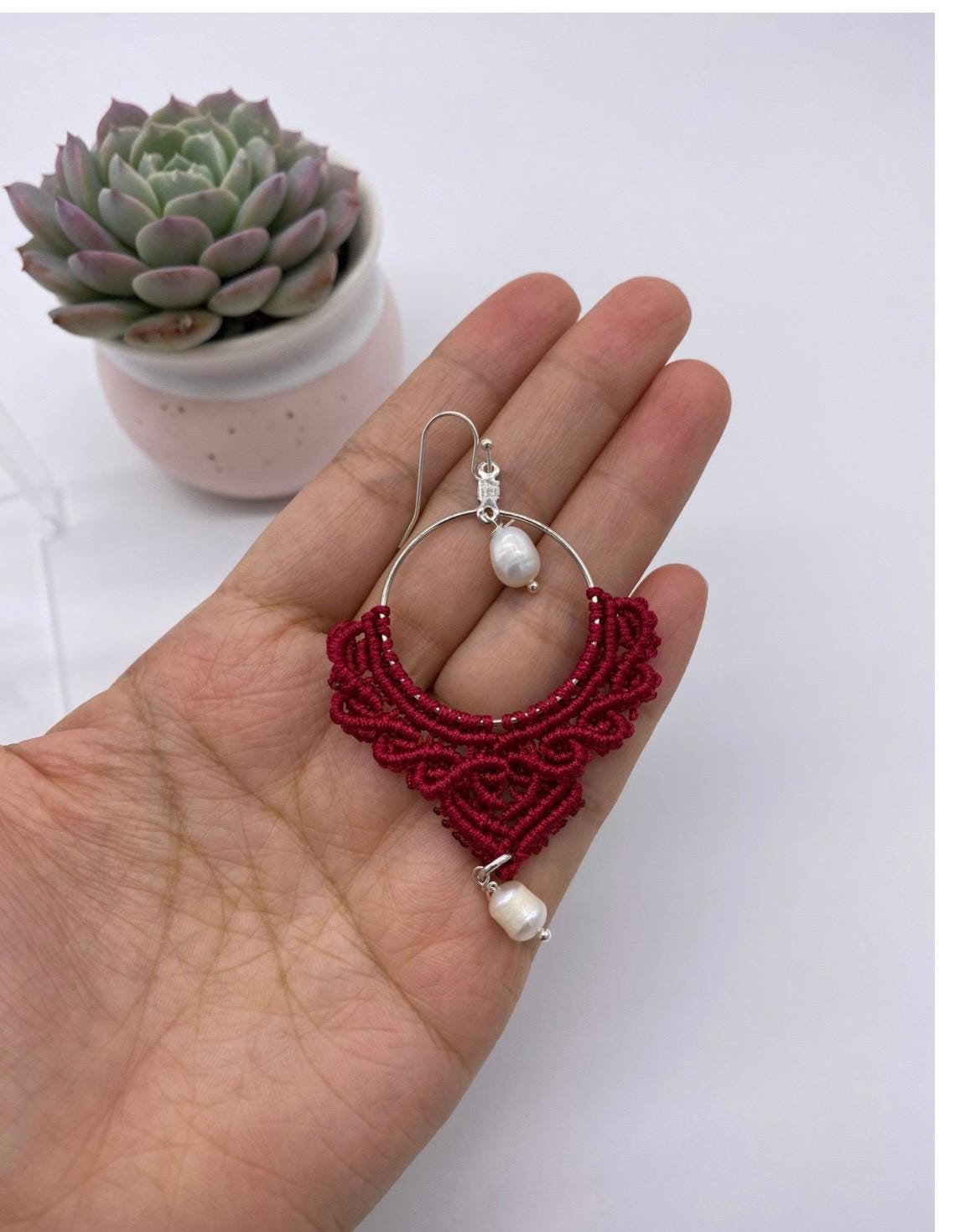 Red Macrame Dangle Earrings: Boho Tribal Jewelry