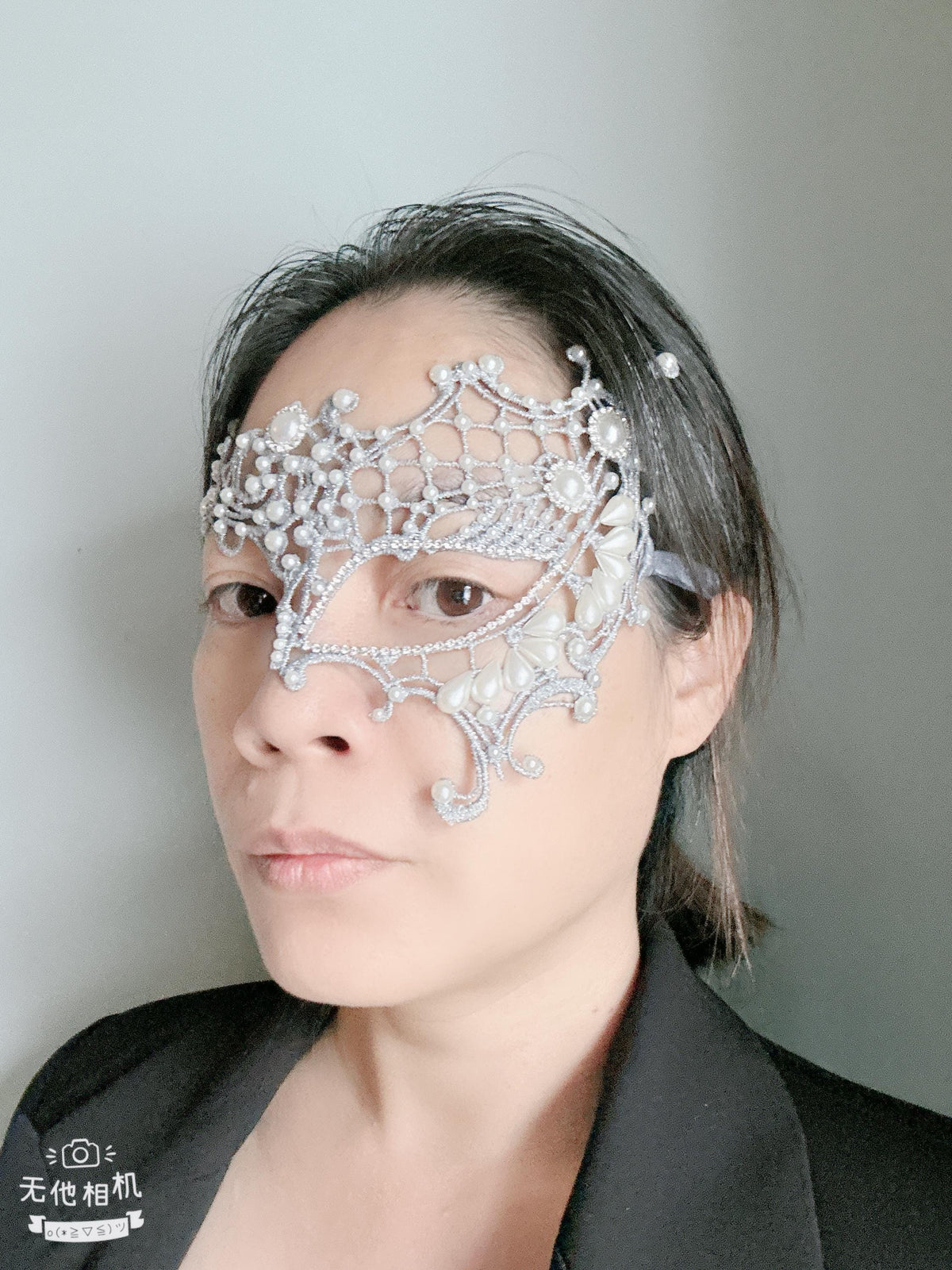 Gray Lace Masquerade Mask, Rhinestones & Pearls