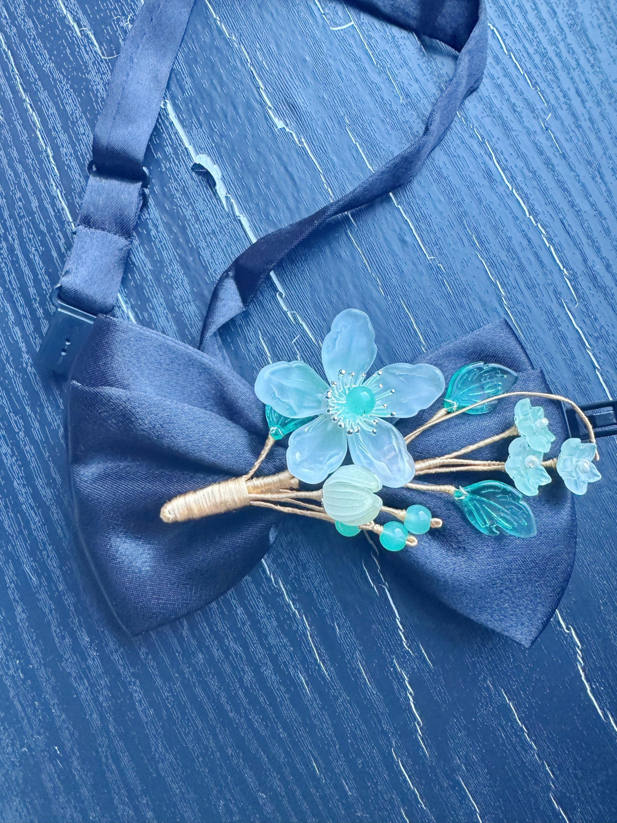 Handmade Bow Tie for women Men,Boys – Black Satin Bow Tie with light green flower Blossom Branch – Asian Inspired Wedding Formal Accessory
