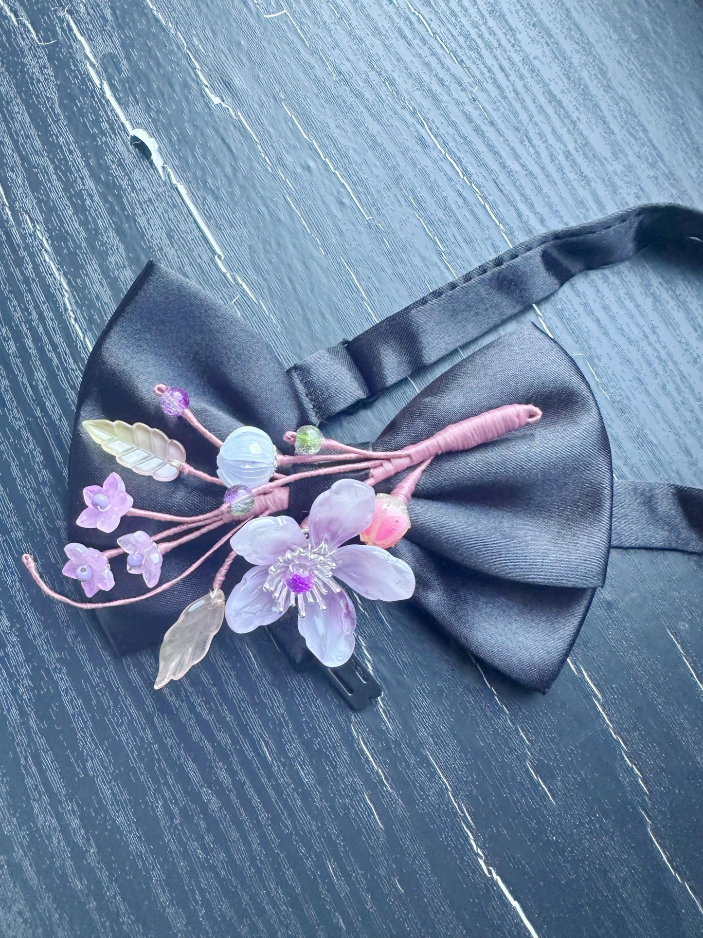 Handmade Bow Tie for women Men,Boys – Black Satin Bow Tie with Purple flower Blossom Branch – Asian Inspired Wedding Formal Accessory