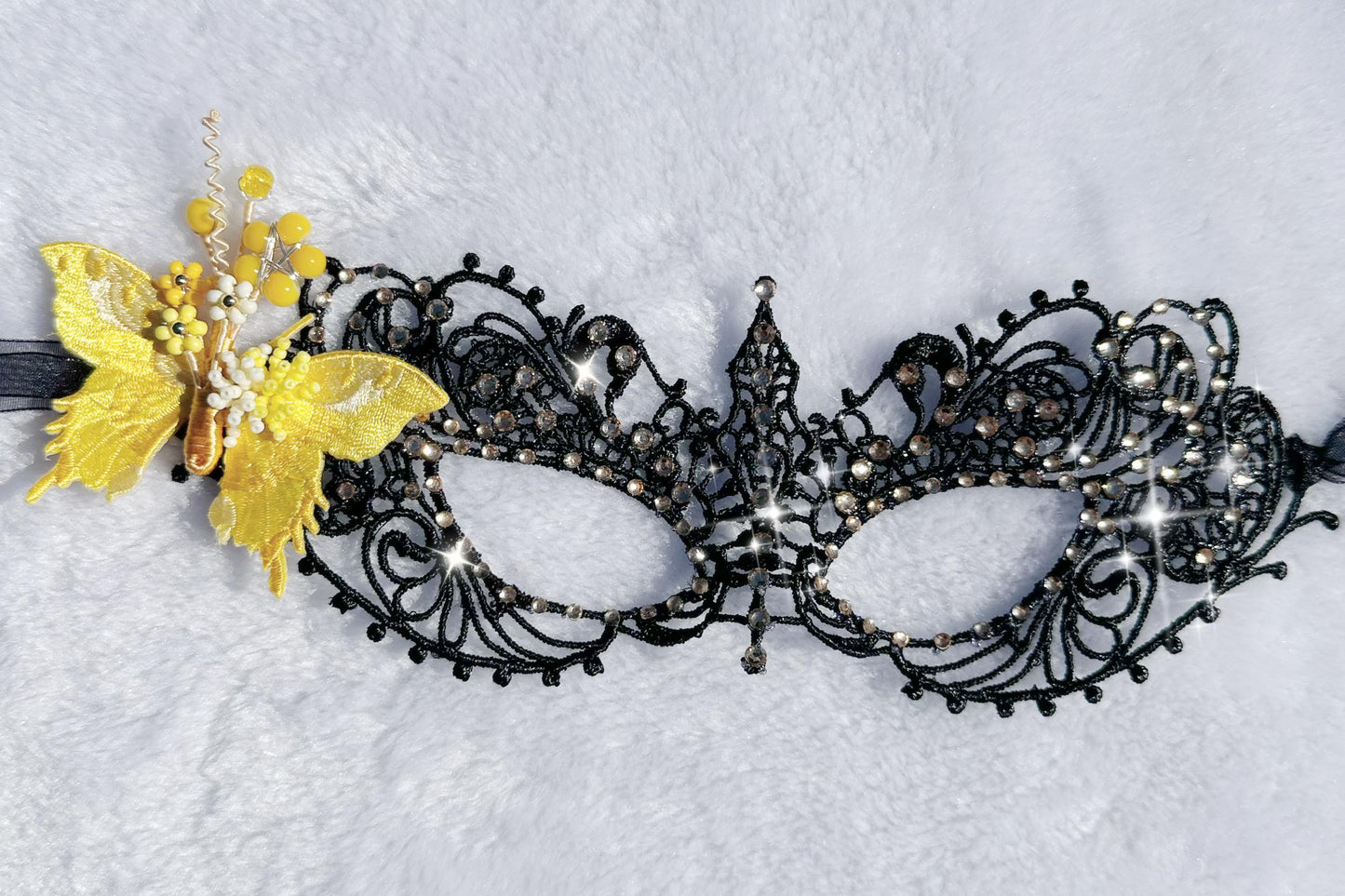 Handmade Yellow Butterfly Masquerade Mask, Black Lace Venetian Mask, Rhinestone  Eye Mask, Mardi Gras, Halloween Costume, Cosplay Accessory