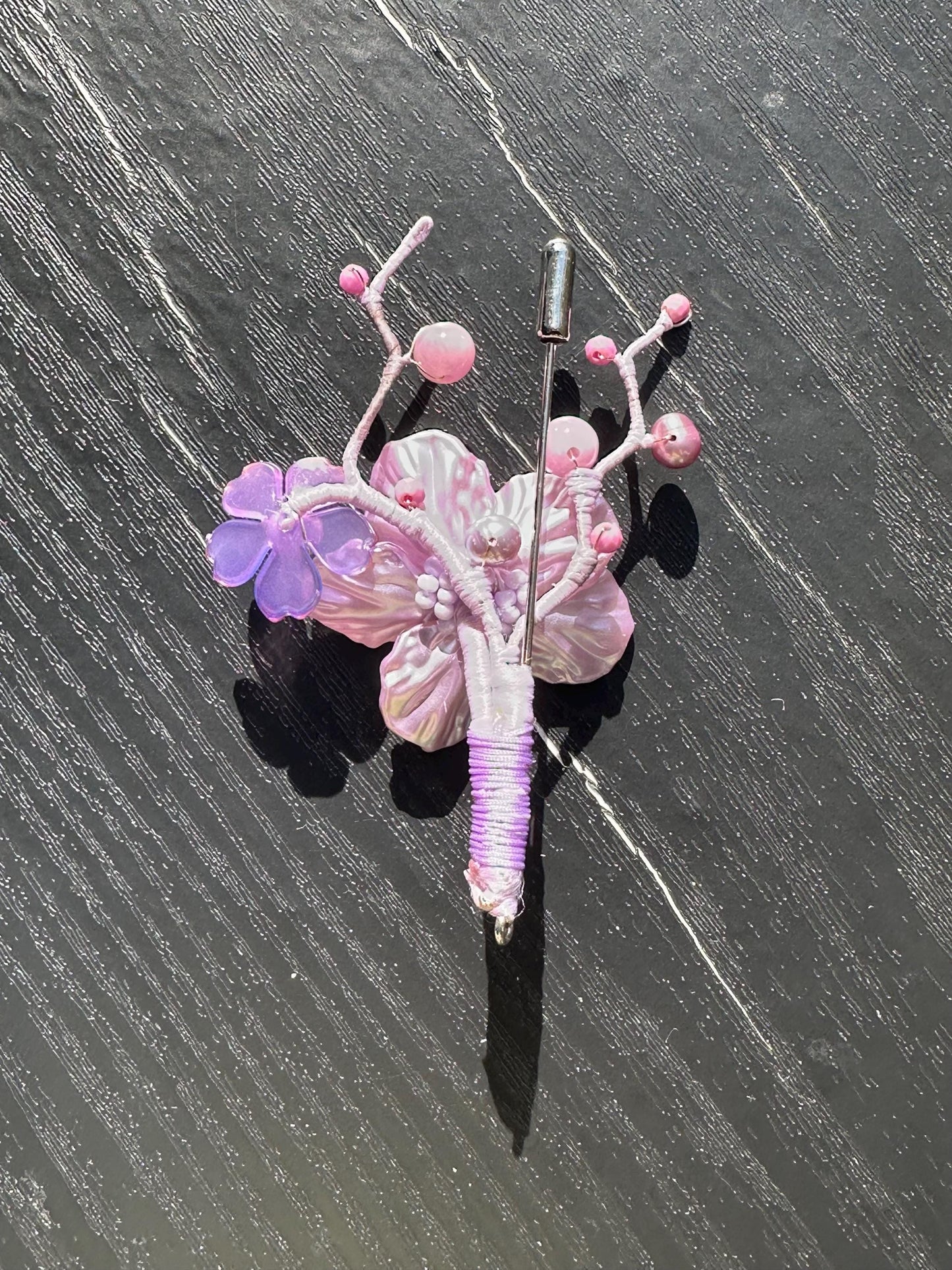 Handmade  brooch, purple color acrylic beads and gemstone beads with silk thread