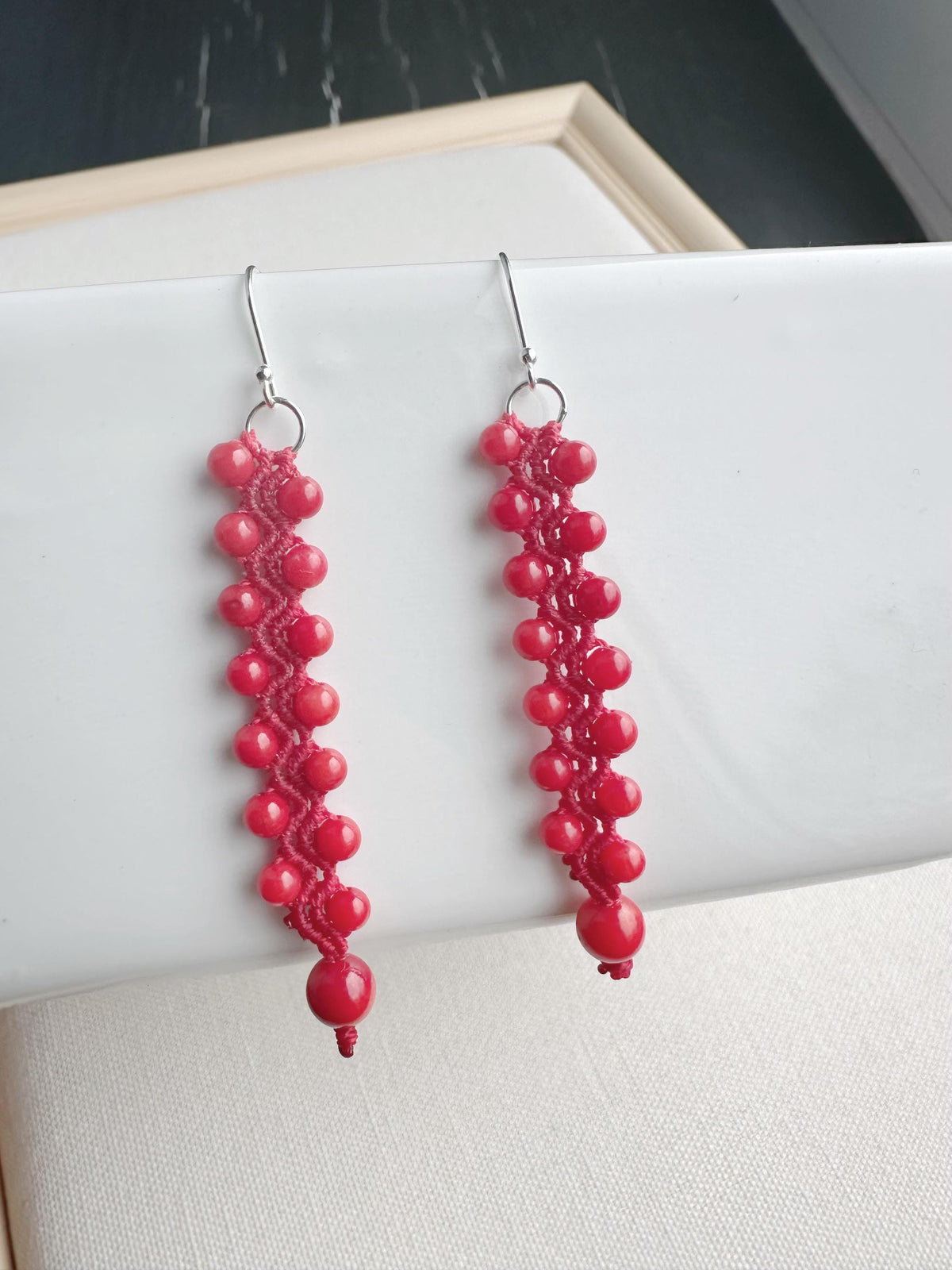 Red Coral Macrame Earrings, 925 Sterling Silver Hooks