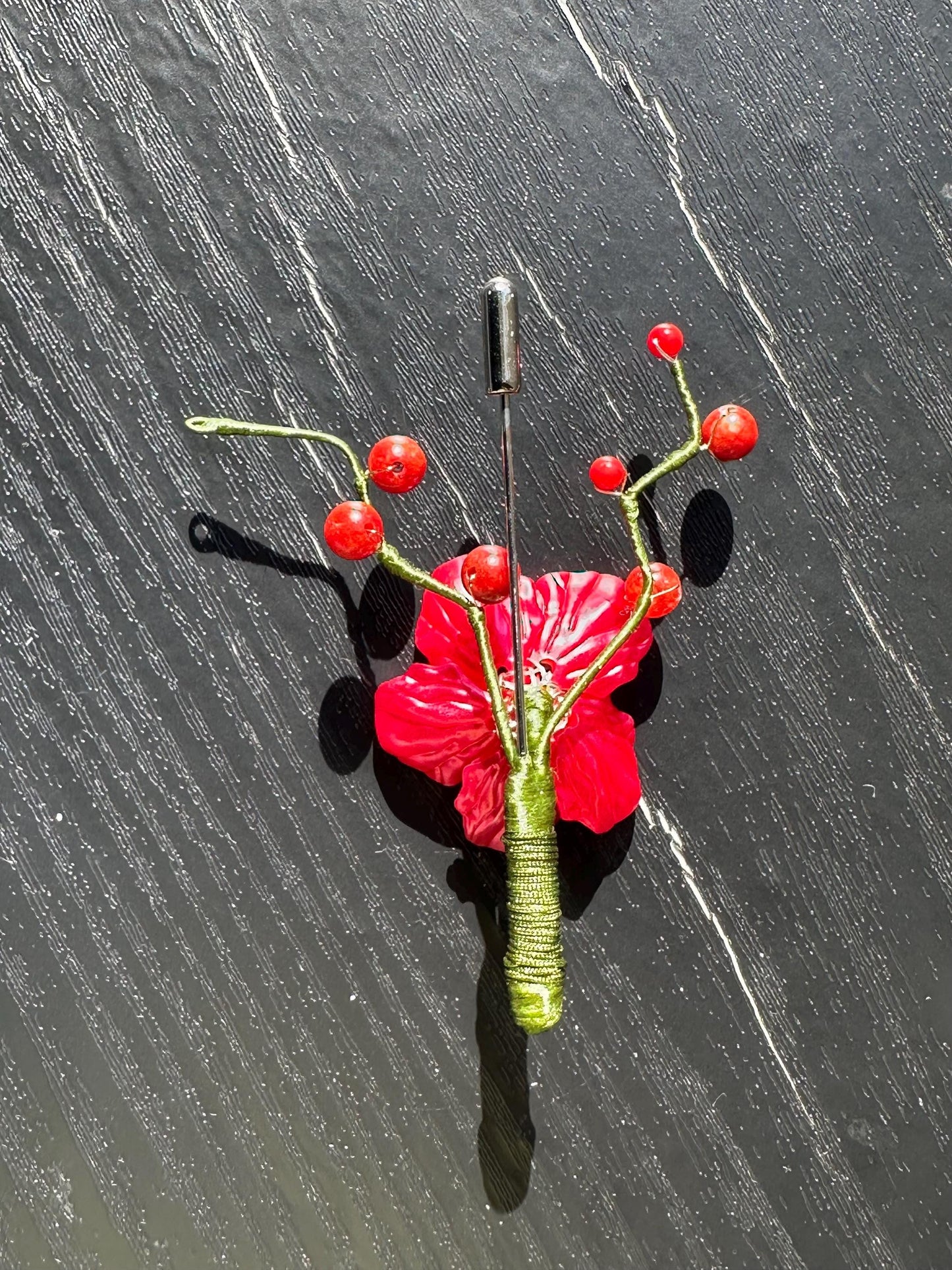 Handmade  brooch, Red color acrylic beads and gemstone coral with silk thread