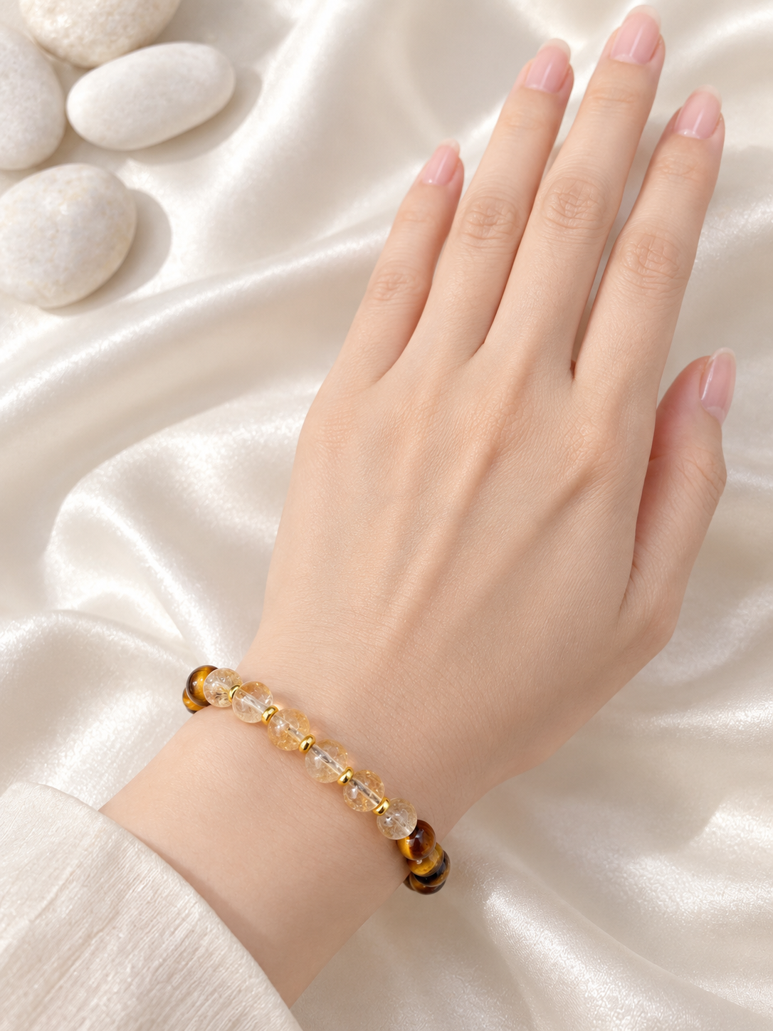 Handmade Bracelet for HIM OR HER. With  6mm yellow tiger’s eye, 6mm citrine crystal, 14K Gold Plated Spacer Beads, Adjustable knotted cord