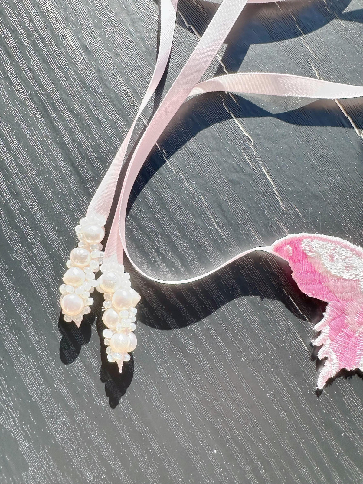 Handmade Choker featuring delicate hand-stitched embroidery of pink color butterfly, adorned with freshwater pearls and glass seed beads