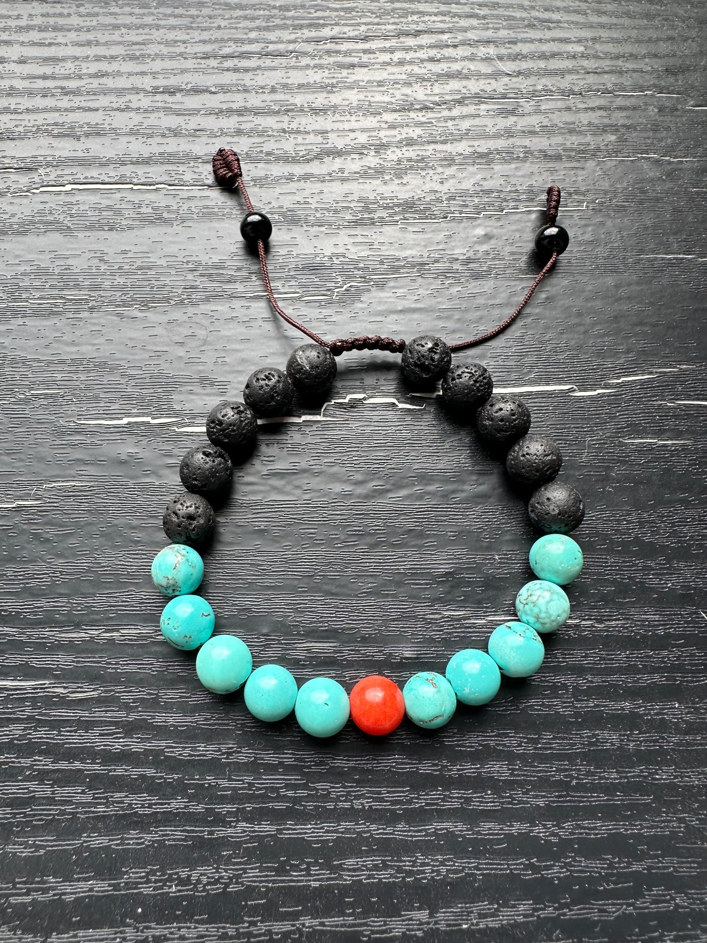 Bracelet For Men Natural Stone Beads 8mm Lava Rock with Turquoise and one piece coral in the middle with Stretch Bracelets Adjustable Bracelet for Men