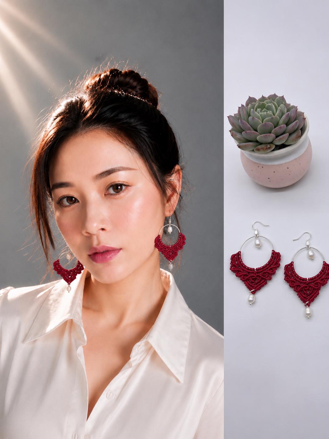 Red Macrame Dangle Earrings: Boho Tribal Jewelry
