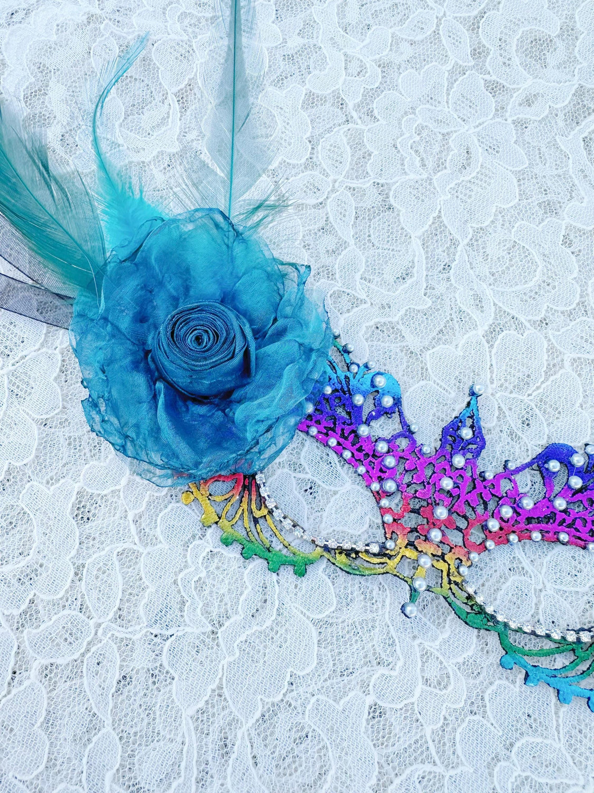 Rainbow color Masquerade Mask with silk flower and white color Resin Pearls , Women's Masquerade Mask, Masquerade Ball Masks, Lace Mask