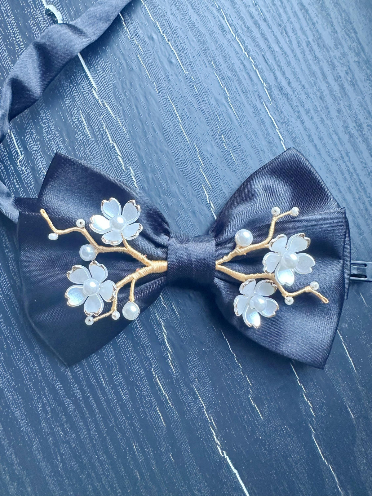 Handmade Bow Tie for women Men,Boys – Black Satin Bow Tie with white Cherry Blossom Branch – Asian Inspired Wedding Formal Accessory