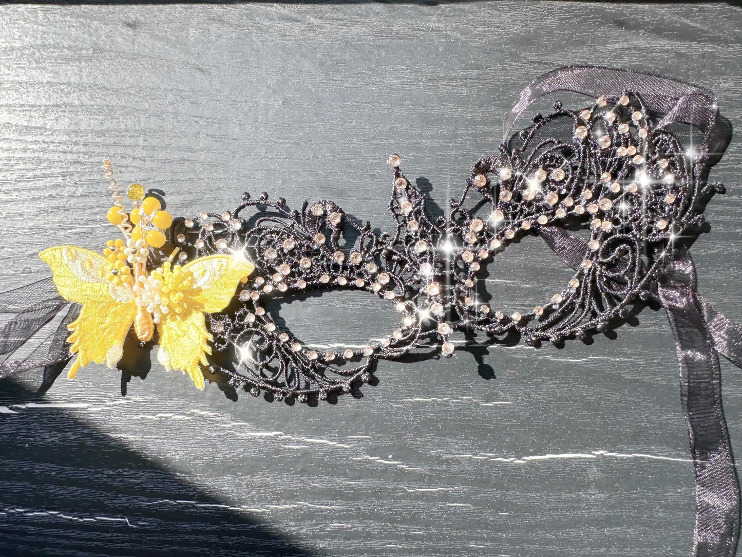 Handmade Yellow Butterfly Masquerade Mask, Black Lace Venetian Mask, Rhinestone  Eye Mask, Mardi Gras, Halloween Costume, Cosplay Accessory