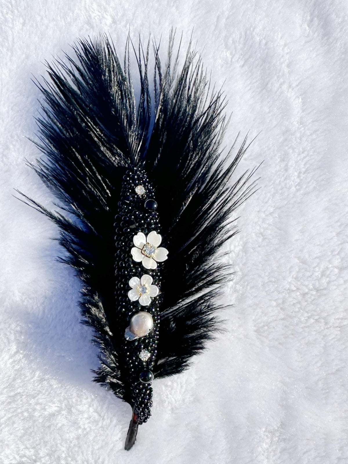 Handmade brooch, beaded and Ostrich feather brooch, size 7”x3”