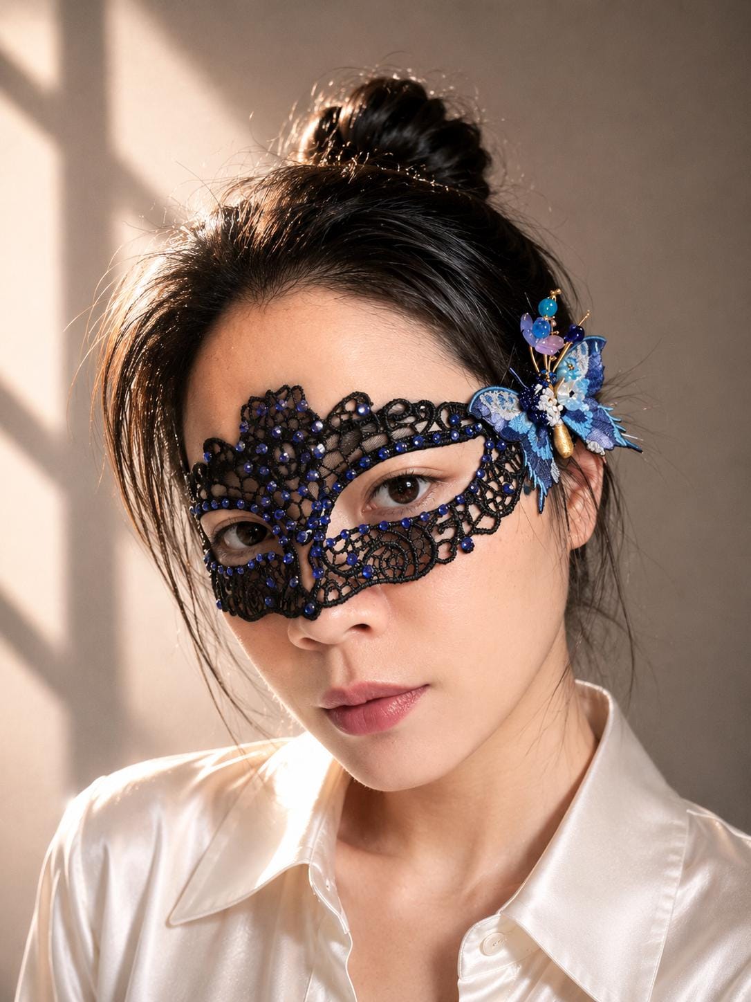 Navy Blue Butterfly Lace Masquerade Mask, Handmade Venetian Eye Mask with Rhinestones, Fairy Costume Mask for Halloween, Prom & Ball