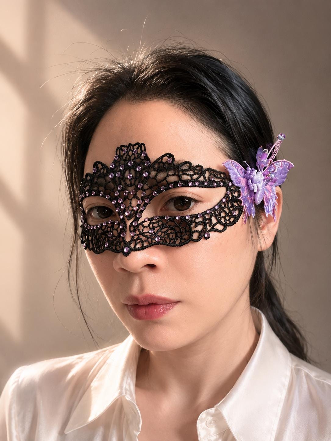 One of a Kind Purple Butterfly Mask, Handmade Black Lace Masquerade Mask, Venetian Eye Mask with Crystal Rhinestones