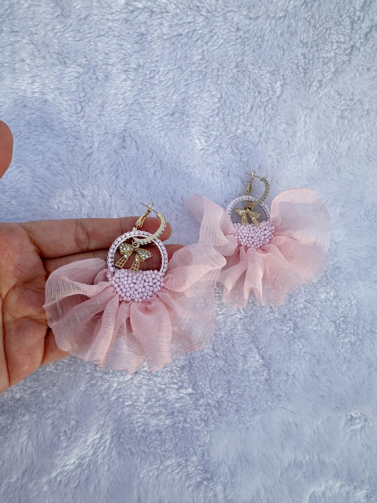 Gold Plated Dangle Earrings: Pink Crinkle Chiffon Ribbon, Glass Bead