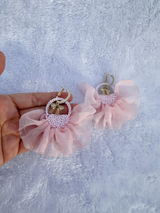 Gold Plated Dangle Earrings: Pink Crinkle Chiffon Ribbon, Glass Bead