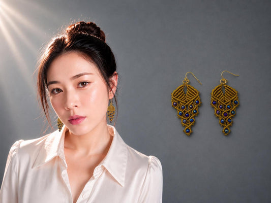 Handmade Macrame Dangle Earrings: Bohemian Gold Plated Hooks