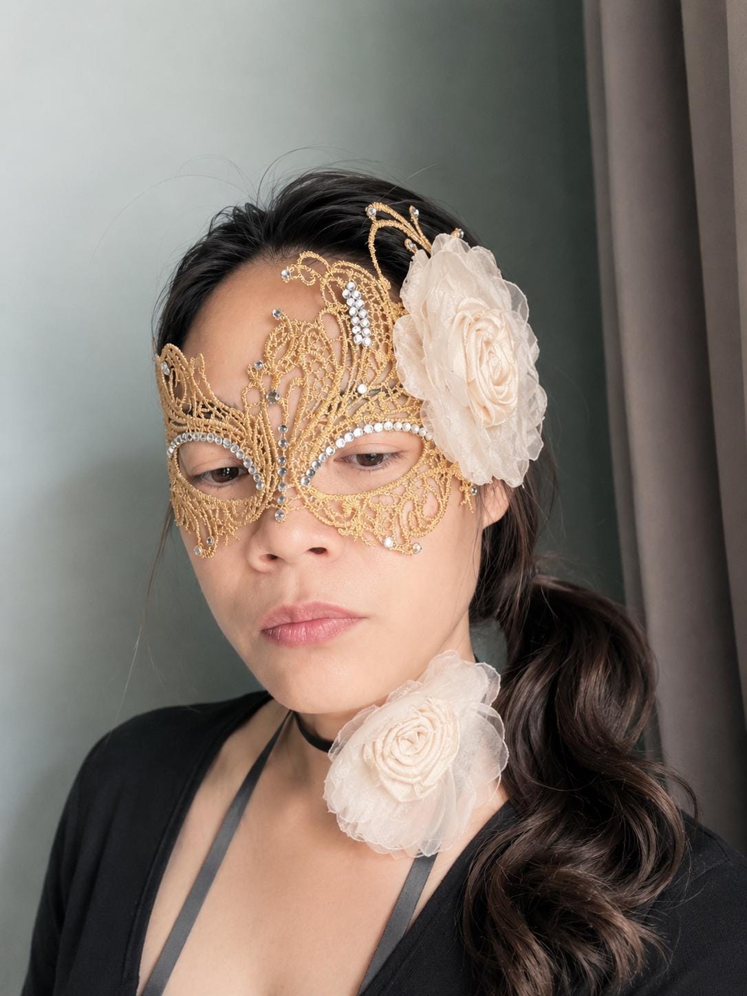 Gold color Masquerade Mask with ivory color fabric flower, and silk flower choker, Halloween mask ( price includes mask and choker