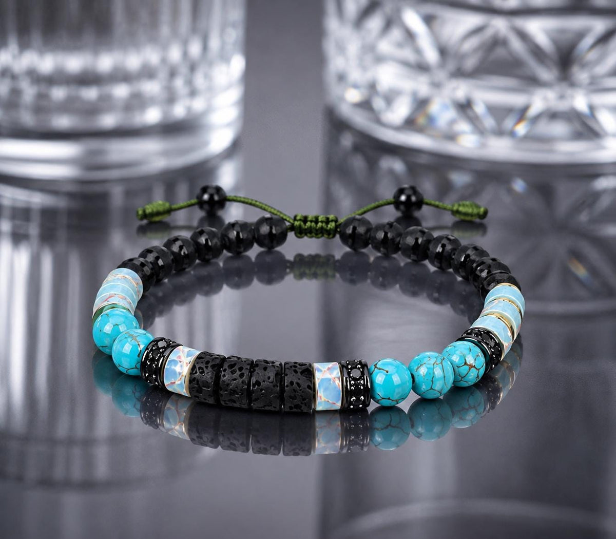 Gemstone Bracelet for HIM OR HER. Made it with 6mm turquoise, 2x6mm lava beads. With Adjustable Knotted Cord