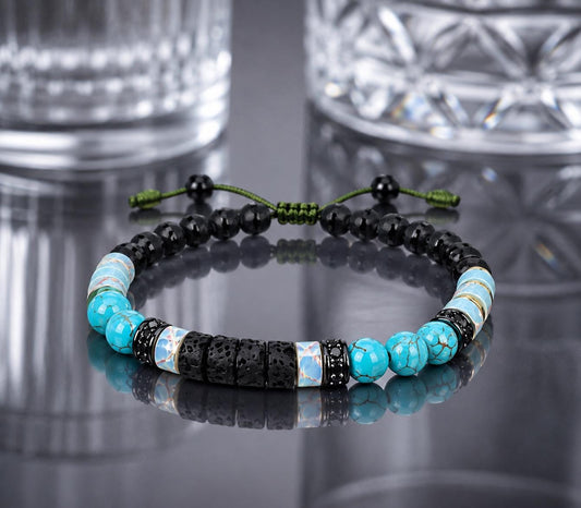 Gemstone Bracelet for HIM OR HER. Made it with  With 3x6mm lava stone, 6mm turquoise. 3x6mm Shoushan stone. 6mm Black Agate, 3x6mm Zircon Rhinestone Beads Spacer, Adjustable Knotted Cord