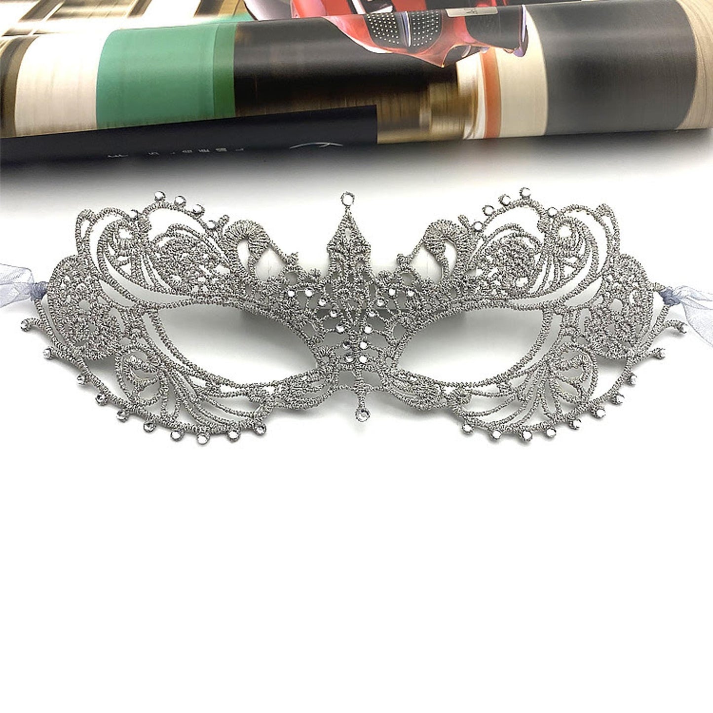 Lace Masquerade Mask: Crystal Rhinestone Embroidery, Ribbon Tie